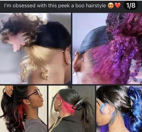 Dyed Natural Hair Peek A Boo, Dye Natural Hair Black Women Colour, Peek A Boo Dyed Hair, Peek A Boo Hair Curly, Peek A Boo Natural Hair, Peek A Boo Hair Dye, Hair Dye Ideas For Black Women, Colors To Dye Your Hair Black Women, Peek A Boo Hair Color Ideas