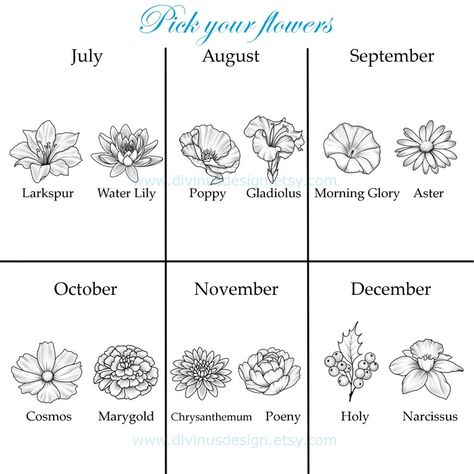 Custom Birth Flower Tattoo Birth Month Flower Tattoo Family Birth Flowers Birth Month Flower With Shading Personalised Birth Flower - Etsy Birth Flower For December, July Birth Flower Bouquet Tattoo, Birth Flower Tattoo Shoulder, Birth Month Symbols Tattoo, Birth Month Tattoo Ideas, Birthday Flowers By Month, Flower Tattoo Birth Month, February Flower Tattoo, Month Tattoos