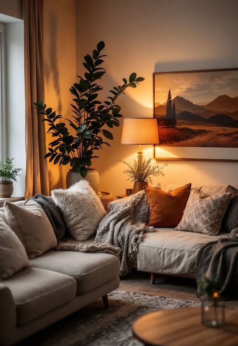 Cozy Lighting Living Room Warm Cozy Home Aesthetic, Warm Living Room Lighting, Corner Lamp Ideas, Low Light Living Room Ideas, Cozy Living Room Lighting Ideas, Cozy Lamps Living Room, Earth Tone Apartment, Warm House Aesthetic, Soft Lighting Ideas