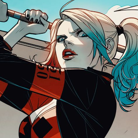 Harley quinn icons Harley Quinn Dc Comics, Harley Quinn, Dc Comics, Bat, A Woman, Comics, Tumblr, Hair, Blue