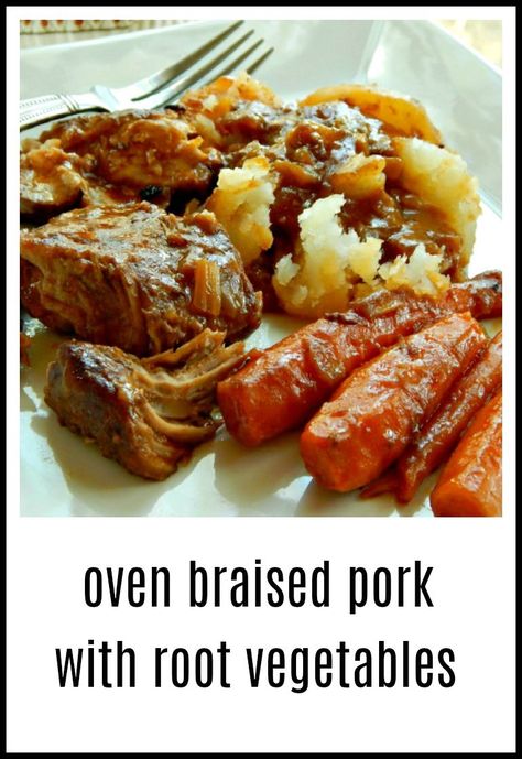 Braised Pork Loin Recipes Oven, Pork Loin Recipes Oven, Baked Pork Loin, Carrots In Oven, Braised Pork Chops, Braised Pork Shoulder, Roasted Potatoes And Carrots, Pork Shoulder Roast, Pork Roast Recipes