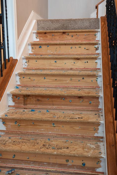 How to Remodel Your Carpeted Stairs: An Easy Budget Makeover Refinish Carpeted Stairs, Stair Remodel Staircase Makeover, Particle Board Stairs Makeover, Diy Laminate Stairs, Painted Basement Stairs Ideas, Diy Painted Stairs Makeover, Painting Stairs Ideas Diy, Wood Staircase Makeover, How To Redo Stairs