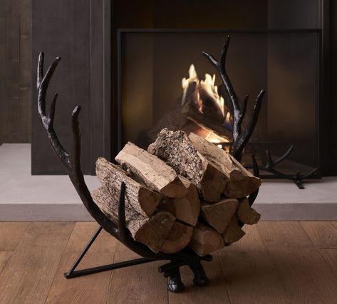 Fireplace Log Holder, Antlers Decor, Fireplace Logs, Log Holder, Rustic Lodge, Cabin Decor, House Inspo, Antlers, Rustic House