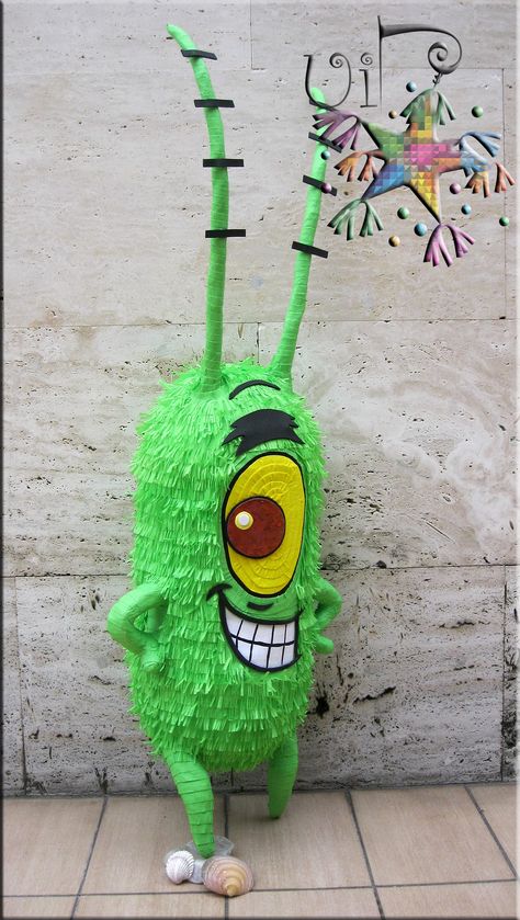 Plankton Pinata Plankton Pinata, Spongebob Pinata, Spongebob Birthday Party Decorations, Halloween Candy Crafts, Princess Jasmine Birthday Party, Star Pinata, Princess Jasmine Birthday, Spongebob Birthday Party, Jasmine Birthday