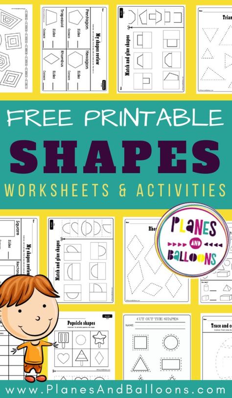 Shapes preschool printables and activities - free printable shapes worksheets for preschool and kindergarten. #prek #kindergarten #shapes #planesandballoons Free Shape Worksheets For Preschool, Printables For Prek, Preschool Shapes Printables Free, Shapes Kindergarten Activities, 3d Shapes Kindergarten, Shapes Preschool Printables, Kindergarten Shapes, 3d Shapes Worksheets, Preschool Shapes