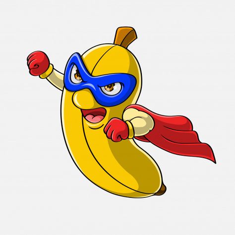 Banana Cartoon Cute, Cartoon Super Hero, Basic Drawings, Food Character, Hero Outfit, Red Superhero, Cartoon Banana, Cartoon Superhero, Premium Vector Cartoon