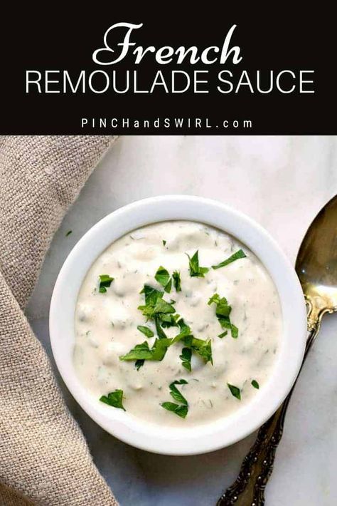 Classic French Remoulade sauce is served as a condiment for fish, shellfish and red meat, but also tossed with grated celery root to make Celery Root Remoulade. Remalaude Sauce, Remolaude Sauce, French Bistro Salad, Dipping Recipes, Salad Celery, Bistro Salad, Beignet Recipe, French Sauces, Chile Recipes