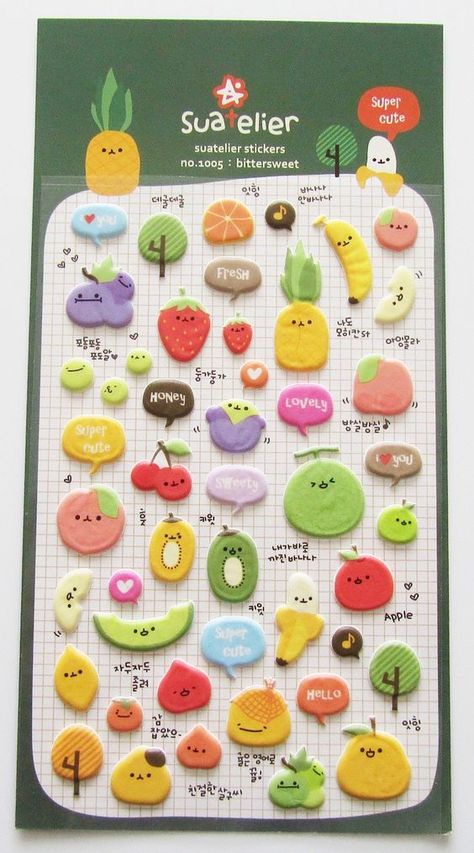 Happy fruit cute kawaii kitsch puffy 3D stickers #StickerCraft Cute Stationary Items, Happy Fruit, Hello Kitty House, Stickers Design, Paper Craft Tutorials, Puffy Stickers, 3d Stickers, 3d Paper Crafts, Cute Fruit