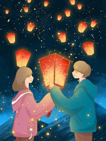 new year wish,make a wish,kongming lantern,couple,mountain,starry sky,fresh,romantic,watercolor,light,winter,wallpaper,day sign Sky Lantern Drawing, New Year Illustration Art, Wish Illustration, New Year Couple, Illustration Of Couple, Make Wish, Mix Cartoon, New Year Drawing, New Year Wish