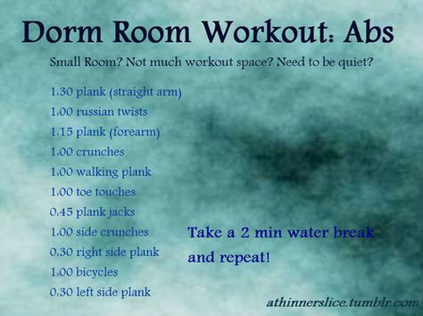 Dorm Room Workout-Abs: little to no room? Want to or need to work on your abs? Try these! College Workout Plan, Dorm Workout, Dorm Room Workout, Workout Routine Plan, Room Workout, College Workout, Freshman 15, Dance Workouts, Side Crunches