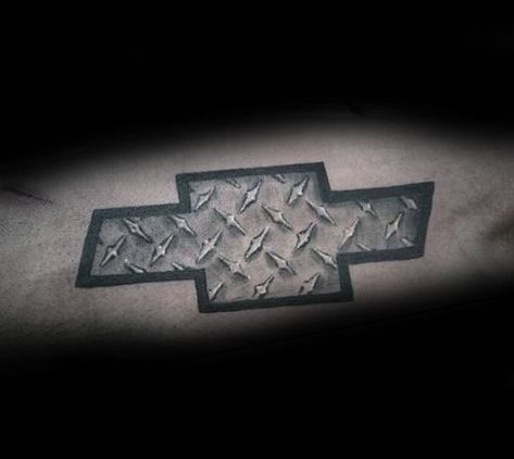 Diamond Plate Themed Chevy Logo Mens Arm Tattoo Ideas Chevy Emblem Tattoo, Chevy Logo Tattoo, Chevy Symbol Tattoo, Chevy Tattoo Ideas, Chevrolet Tattoo, Chevy Symbol, Family Over Everything Tattoo, Plate Tattoo, Dave Tattoo