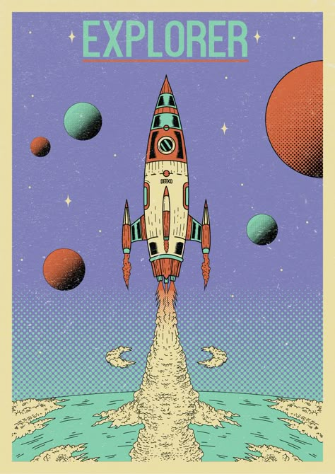 Explore_T-shirts/Poster illustration for Deeko on Behance Retro Futuristic Illustration, Poster Design School, Starship Concept Art, Explore Illustration, Rocket Poster, Sci Fi Illustration, Retro Space Posters, Futuristic Illustration, Spaceship Illustration