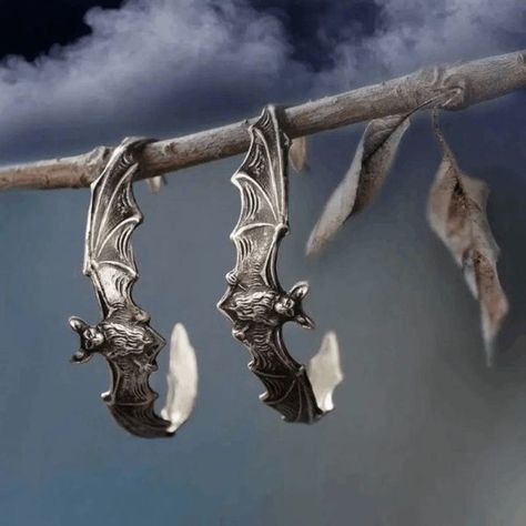 Mystical Antique Silver Bat Vampire Hoop Earrings - Length: Approximately 1 1/4" - Width: Approximately 1" Bat Jewelry, Bat Earrings, Retro Earring, Animal Earrings, Halloween Accessories, Gothic Jewelry, Round Earrings, Pendant Earrings, Jewelry Party