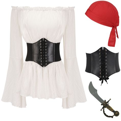 PRICES MAY VARY. PACKAGE INCLUDES: Adult Standard Size Halloween Pirate Costume Women - White Pirate Dress Shirt, Pirate Corset, Pirate Sword, Pirate Head Scarf. VALUE COSTUME: Complete Your Halloween Pirate Look with This Pirate Outfit Dress Up On Pirate Night for Your Cruise! OCCASIONS: This Poodle Skirt Costume is Excellent for Halloween Pirate Night, Renaissance Festival, Pirate Festival, Themed Birthday Parties, Pirate Costume. PREMIUM MATERIAL: Not Factory-Made Costume Material , It is Ver Pirate Dress, Female Pirate Costume, Elegante Y Chic, Hallowen Costume, Witch Dress, Color Block Blouse, Dress Corset, Halloween Costume Outfits, Pirate Costume