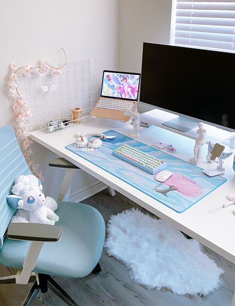 Cute Desk Setup Study, Blue Gamer Setup, Light Blue Desk Setup, Blue And White Desk Setup, Light Blue Gaming Setup Aesthetic, Blue Computer Setup, Pink And Blue Desk Setup, Kawaii Gaming Setup Blue, Blue And White Setup