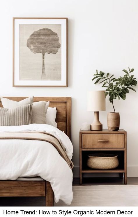 All of the details you need to style your home with organic modern decor. The perfect balance of sleek comfort with a touch of nature inspired warmth. \\ Organic Bedroom Furniture, Mid Century Organic Bedroom, Organic Modern Headboard, Organic Modern Design Bedroom, Organic Modern Bedroom Inspiration, Organic Modern Bedroom, Small Bedroom Decor Ideas, Organic Bedroom, Modern Bedroom Ideas