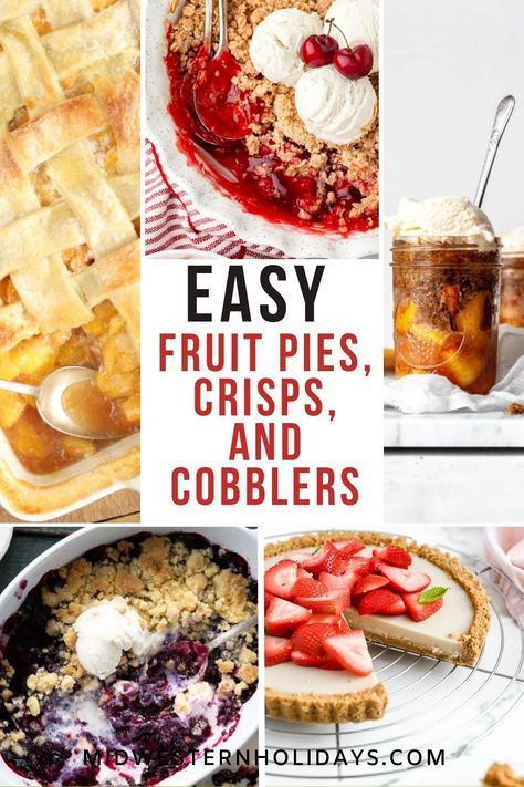 Celebrate the taste of summer with these easy fruit pie recipes, crisps, cobblers, and crumbles, perfect for 4th of July, Labor Day, or the holidays.  Browse through this selection of delicious baked pie recipes, creamy no-bake pies, fruit crisps with crunchy topping, and hot, bubbly fruit cobblers and crumbles with juicy filling begging for a scoop of vanilla ice cream. Easy Fruit Pie Recipes, Labor Day Appetizers, Fruit Pie Recipes Easy, Fruit Pie Recipes, Easy Fruit Pie, Berry Pie Recipe, Fruit Pie Recipe, Slab Pie Recipes, Fresh Fruit Desserts