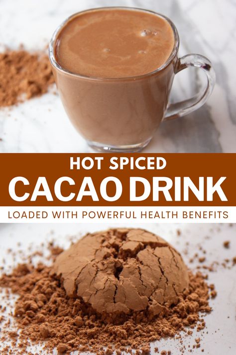 This recipe for Hot Spiced Cacao Drink balances out the cacao's intense bitterness with other healthy ingredients. Each ingredient in this drink is loaded with powerful health benefits where you can enjoy your chocolate knowing that you are doing a great thing for your body. Your body will surely be happy drinking this natural and oh-so-chocolatey delicious drink! Healthy Cacao Drink, Cacao Powder Recipe Drink, Healthy Hot Drinks, Cacao Hot Chocolate, Clean Drinks, Cacao Drink, Cacao Powder Recipe, Low Calorie Alcoholic Drinks, Creative Drinks