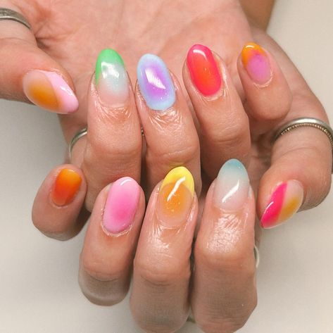 Is this what + 1 billion aura means Inspo @struct.ology.nyc 🧡🩵🩷💛  Multicolor aura nails french tips cute nail designs simple summer nail inspo colorful nail inspo gel nails structured manicure luminary natural nails short oval nails almond shape medium length cute nail art inspo pigment powders aura made with eye shadow palette ombre nails pink orange yellow blue green nail inspo fun nails Nails With Powder Color, Simple Multicolor Nails, Short Nail Designs Gel Simple Art Ideas, Aura Nails Multicolor, Cute Nail Designs Simple, Nail Inspo Fun, Nail Inspo Colorful, Colorful French Tips, Structured Manicure