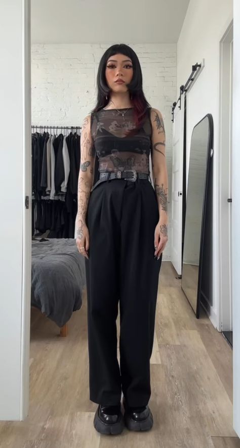 Going Out Goth Outfits, Grunge Clubbing Outfit, Queer Club Outfits, Aries Wardrobe, Goth Club Outfit, Edgy Club Outfits, Wide Leg Pleated Trousers, Bartender Outfit, Edgy Fits