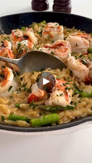 138K views · 105 reactions | Creamy Orzo with Prawns and Asparagus 🦐
Featuring succulent prawns and fresh asparagus tossed in creamy orzo pasta, this feast of flavours will delight the whole family.  

Serves: 4 
Preparation Time: 15 minutes 
Cooking Time: 20 minutes 
Difficulty: Easy 

Ingredients 
2 tablespoons olive oil 
500g prawns, deveined and shelled  
2 tablespoons butter 
1 onion, finely chopped 
4 garlic cloves, minced 
300g orzo pasta 
3 cups chicken stock 
½ cup cream 
100g asparagus, sliced into 2cm pieces 
1-2 tablespoons Parmesan cheese 
2 teaspoons chopped chives 
2 teaspoons chopped dill 
1-2 teaspoons lemon juice, to taste 
Salt and pepper, to taste 

Method 
Peel and devein the prawns, then pat dry with paper towels.  

In a Le Creuset 23cm Cast Iron Round Skillet, heat Creamy Orzo Pasta, Creamy Orzo, 3 Cup Chicken, Orzo Pasta, Fresh Asparagus, Risotto Recipes, Paper Towels, Stuffed Shells, Parmesan Cheese