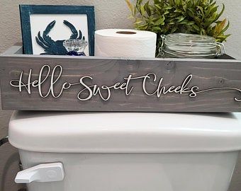 Wood Toilet Box Toilet Tray Bathroom Decor Housewarming | Etsy Hello Sweet Cheeks Sign, Bathroom Toilet Storage, Bathroom Decor Toilet, Toilet Tray, Rustic Toilet Paper Holders, Bathroom Box, Rustic Toilets, Funny Vinyl Decals, Colored Mason Jars