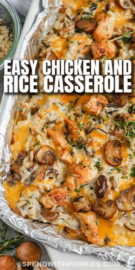 A Baked Chicken and Wild Rice Casserole is an easy cheesy casserole! Made with juicy chunks of chicken, mushrooms, wild rice, and cheese, it is sure to become a family favorite! #spendwithpennies #chickenandwildricecasserole #recipe #casserole #chickencasserole #wildrice #maindish #creamy #easy #mushroomsoup #chickenandrice Emergency Chicken Rice Casserole, Rice Roni Chicken Casserole, Chicken Rice Mushroom Casserole, Baked Chicken And Wild Rice, Chicken Mushroom Rice, Chicken And Wild Rice Casserole, Chicken Mushroom Casserole, Chicken Wild Rice Casserole, Recipe Casserole