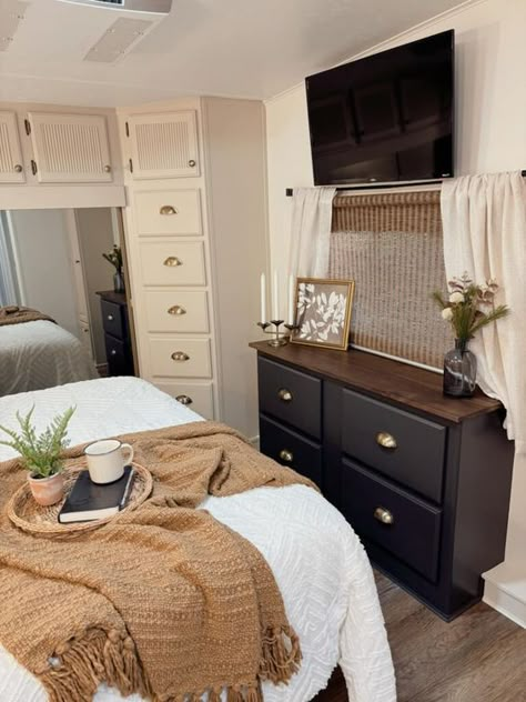 This RV Bedroom Renovation Went from Dark & Dingy to a Serene Suite Rv Master Bed Remodel, Rv Decorating Ideas Bedroom, Rv Bedroom Makeover, Camper Bedroom Ideas, Rv Bedroom Remodel, Rv Bedroom Ideas, Fifth Wheel Remodel, Trailer Updates, Travel Trailer Decor