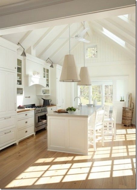 antique white kitchen. Great dramatic lighting and love the roof pitch. Glass in gable though to really open it up? Also really like the profile on the cabinets Beach Style Kitchen, Interior Design Blogs, Neutral Kitchen, Bright Kitchens, Coastal Kitchen, Cool Ideas, Decor Minimalist, Open Kitchen, White Cabinets