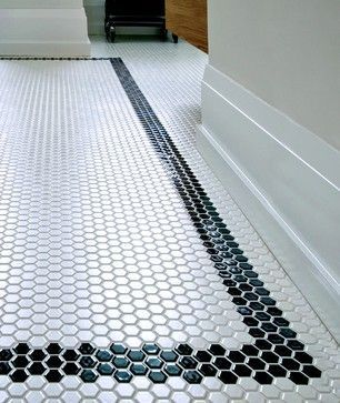 50 Unique Honeycomb Tile To Give Your Bathroom A New Look #Interior Design source: https://matchness.com/2018/11/13/50-unique-honeycomb-tile-to-give-your-bathroom-a-new-look/ Penny Tiles Bathroom, White Hexagon Tiles, Honeycomb Tile, White Bathroom Designs, Hex Tile, Penny Tile, Bath Tiles, Black And White Tiles, Downstairs Bathroom