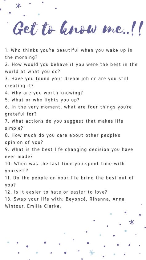 Questions For Actors, Questions To Ask People, Youtube Questions, Intimate Questions For Couples, About Me Poster, Questions To Get To Know Someone, Uplifting Quotes Positive, Conversation Questions, Intimate Questions