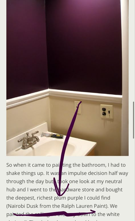 Deep Purple Accent Wall Bedroom, Purple Walls Bathroom, Deep Purple Bathroom Ideas, Plum Guest Bedroom, Plum Bathroom Walls, Soft Purple Bathroom, Plum Bathroom Decor, Dark Plum Bathroom, Painted Ceiling Ideas Bathroom