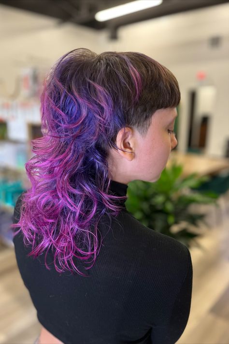 Mullet with bold bangs, tapered sideburns and fun vivid colors using Pulp Riot Vivids. Bright Violet Hair, Bold Bangs, Purple Punk Hair, Purple Hair Vibrant, Deep Purple Hair, Purple Rage Hair Color, Master Barber, Pulp Riot Hair Color, Modern Mullet