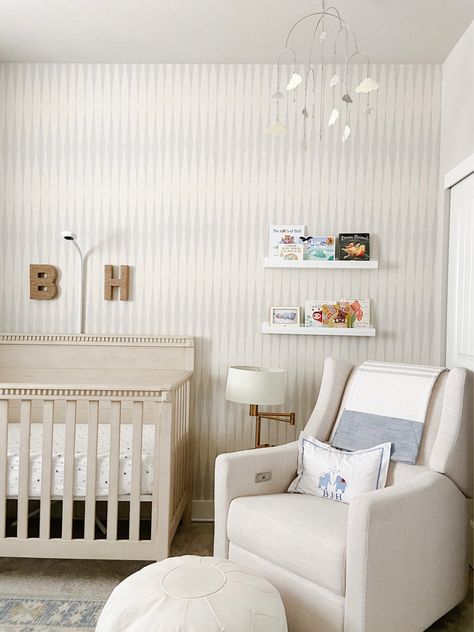 Simple Nursery Wallpaper, Striped Wallpaper Nursery, Board And Batten Nursery, Boys Nursery Wallpaper, Neutral Nursery Wallpaper, Magnolia Home Wallpaper, Boy Nursery Wallpaper, Boy Animal Nursery, Neutral Boy Nursery