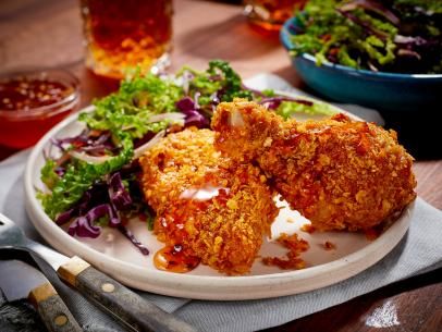 Oven Fried Chicken with Spicy Honey and Slaw Recipe | Food Network Mary Makes It Easy, Mary Berg, Oven Fried, Oven Fried Chicken, Healthy Weeknight Meals, Honey Sauce, Spicy Honey, Slaw Recipes, Fries In The Oven