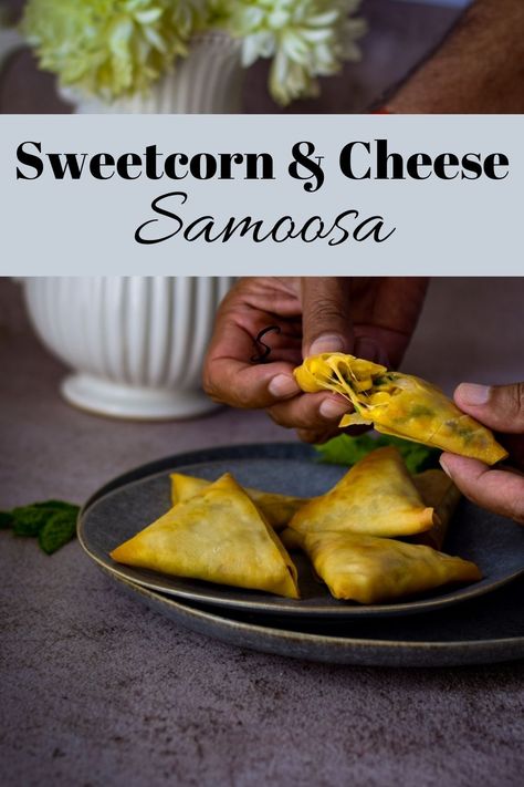 Sweetcorn and Cheese Samoosas Cheese And Corn Samosa Recipe, Cheese Samosa Recipes, Ramadan Savouries, Sweetcorn Recipes, Cheese Samosa, Indian Sides, Tamarind Recipes, Indian Cheese, Samosa Recipe