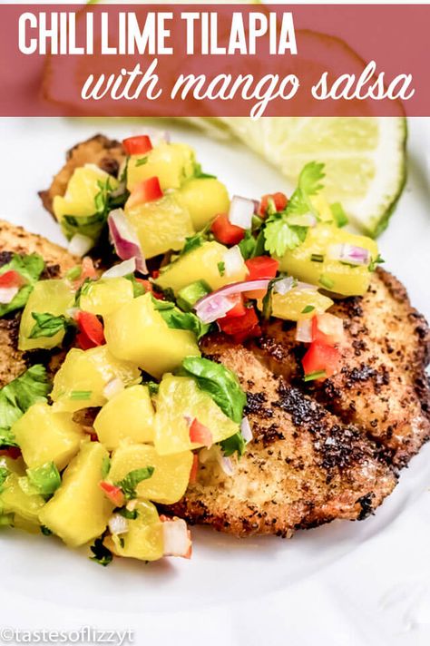 Our favorite way to serve tilapia! Chili Lime Tilapia has an easy, but flavorful spice rub before you pan sear the fish. Top with a squeeze of lime juice and our mango salsa recipe for a healthy dinner recipe. #recipes #tilapia #fish #salsa #mango #jalapeno Lime Tilapia Recipes, Jerk Chicken With Pineapple, Healthy Fish Dinners, Fish Tilapia, Salsa Mango, Chicken With Pineapple, Pescatarian Meals, Mango Salsa Recipe, Heart Healthy Recipes Low Sodium