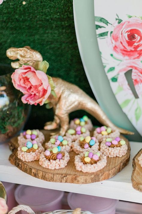 Kara's Party Ideas Pink & Gold Jurassic World Dinosaur Party | Kara's Party Ideas Pink And Green Dinosaur Party, Girl Dinosaur Birthday Party Food, Dino Tea Party, Girl Three Rex Birthday Party, Girl Dinosaur Baby Shower Ideas, Girl Dinosaur Party Ideas, Three Rex Birthday Party Girl, Gold Dinosaur Party, Pastel Dinosaur Party