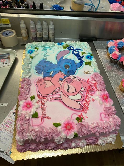 Stitch And Angela Gender Reveal, Stitch Cake Girl, Stitch Sheet Cake, Stitch Gender Reveal Ideas, Stitch Birthday Cake, Birthday Stitch, Lilo And Stitch Cake, Angel Baby Shower, Gender Reveal Baby Shower Themes