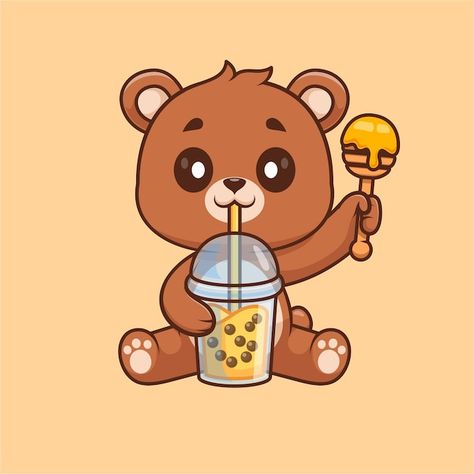 Bear Drinking Boba, Honey Cartoon, Tea With Honey, Bear Drink, Boba Milk Tea, Teddy Bear Images, Boba Milk, Vector Icons Illustration, Milk Shakes