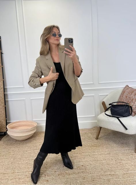 Blazer Midi Dress Outfit, Knit Dress Blazer Outfit, Blazer And Midi Dress, Mia Luckie Outfits, Short Dress With Blazer, Dress And Blazer Outfit Work, Autumn Minimal Outfit, Blazer Over Dress Outfits, Blazer Over Dress