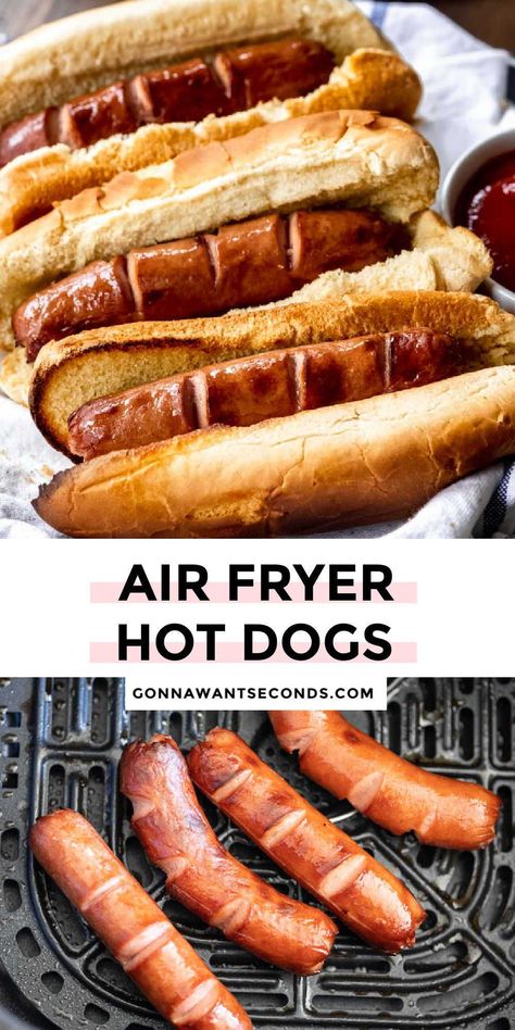 *NEW* Air fryer hot dogs are quick, easy, doesn’t require cleaning a grill— it's the juiciest, crispiest hot dogs you’ve ever devoured. #airfryer #hotdogs Dash Air Fryer Recipes, Hotdogs In Airfryer, Airfryer Hotdogs, Hot Dogs In Air Fryer, Air Fryer Hot Dogs, Fried Hot Dogs, Air Fried Food, July Recipes, Air Fry Recipes