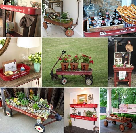 A Christmas Display Sarah Krouse at Home-ology Modern Vintage has made use of an old wagon for making a wonderfully beautiful Christmas display. A Succulent Planter Image via: Irene G at Home Talk A Collection Display Tray Cathe at Just Something I Made came across an old wagon for a sum of two dollars and then she washed and cleaned it and turned it into a wonderful vintage tray that displays a collection on her coffee table. A Catch-all for Entryway Table Country Living has shared a way to ... Wagon Yard Decor, Old Wagons In Garden, Old Red Wagon Garden Ideas, Wagon Porch Decor, Radio Flyer Wagon Ideas Garden, Old Wagon Ideas, Red Wagon Planter Ideas, Red Wagon Garden Ideas, Vintage Wagon Ideas