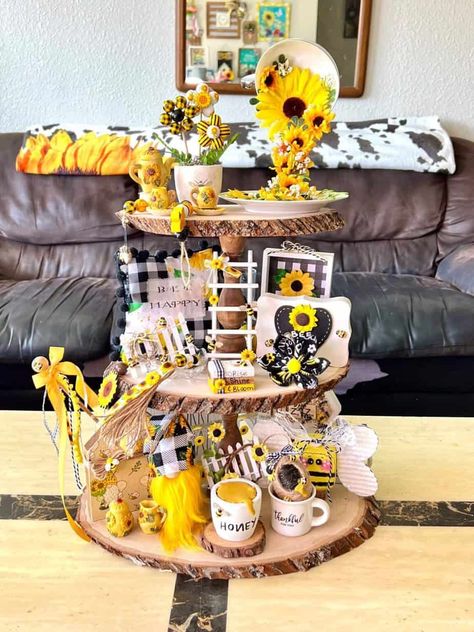 Sunflower Tiered Tray, Bee Tiered Tray, Sunflower And Bee, Bumble Bee Craft, Jenga Blocks, Honey Bee Decor, All Crafts, Mini Sunflowers, Tiered Tray Diy