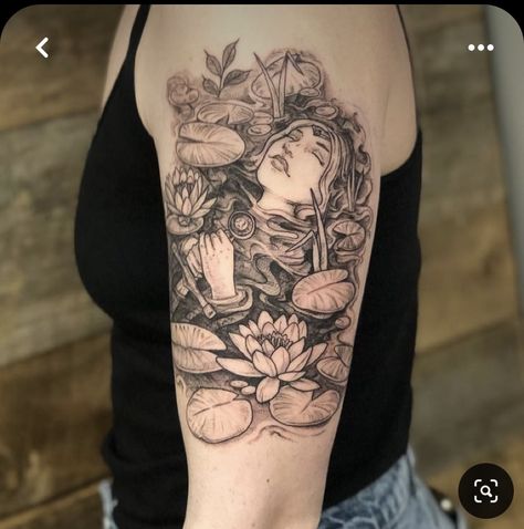 Lady Of Shalott Tattoo, Lady In The Lake Tattoo, Lady Of The Lake Tattoo, Lake Tattoo Ideas, Ophelia Tattoo, Shakespeare Tattoo, Runner Tattoo, Lake Tattoo, Lady Of The Lake