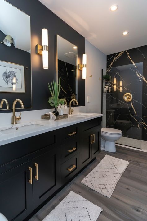 Create a clean, streamlined look with modern bathrooms featuring sleek lines and monochrome decor. Click here for more inspiration. White And Black Bathroom With Gold Accents, Custom Home Bathroom Ideas, Clean Bright Bathroom, Moody Glam Bathroom, Modern Black And Gold Bathroom, Black Tile Backsplash Bathroom, Black And White Bathroom Accent Color, White And Black Home Interior, All Black Half Bathroom