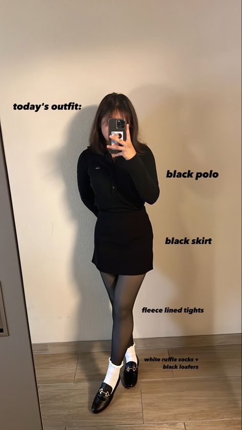 Skirt Outfit With Tights, Skirt Outfits With Tights, Outfit With Tights, Business Casual Black, Black Skirt Outfit, Black Skirt Outfits, Ruffled Socks, White Socks, Black Polo