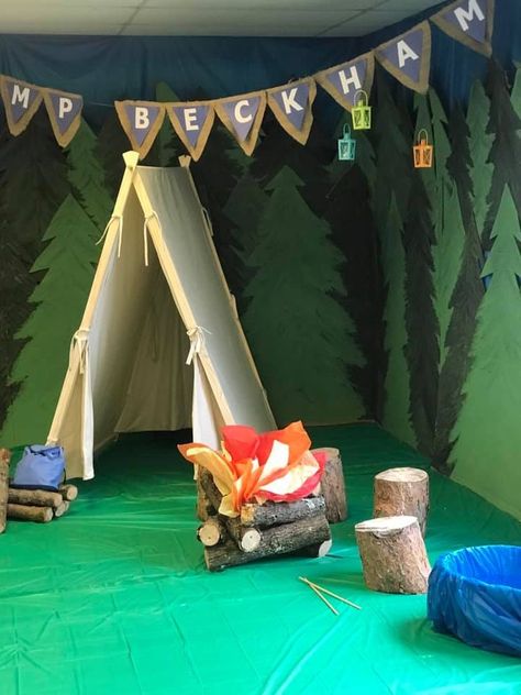 Camp Banner Ideas, Campfire Light Vbs, Camping Party Backdrop, Wilderness Theme Classroom, Wilderness Vbs Decorations, Camp Firelight Vbs Decorations, Classroom Tent, The Great Outdoors Theme, Camp Party Decorations