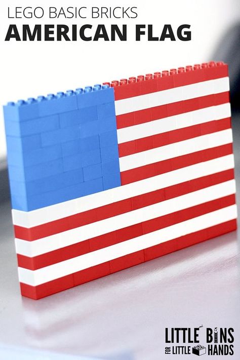 LEGO American Flag Building Activity with Basic Bricks for Kids STEM. LEGO flag ideas for patriotic holidays including Memorial Day, Independence Day, Patriot's Day and Veterans Day. Also included is a little bit of American Flag history to start a discussion with kids on the meaning of the flag's colors, stripes, and stars. American Flag History, Holiday Stem Activities, Patriot's Day, Colonial Flag, Lego Basic, Flag Ideas, Lego Club, Lego Activities, Patriots Day