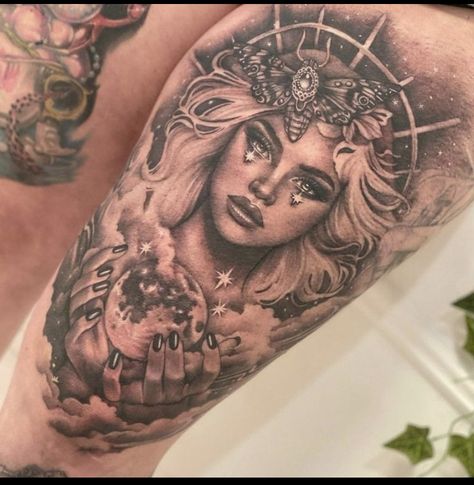 Gaia Tattoo Ideas, Portrait Tattoo On Leg, Air Goddess Tattoo, Protector Tattoo Women, Goddess Leg Sleeve Tattoo, Goddess Leg Tattoo, Wolf Goddess Tattoo, Goddess Warrior Tattoo, Tattoos Of Women Goddesses